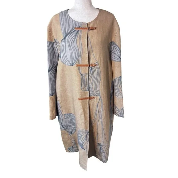 NWOT Lafayette 148 100% Linen Jacket 2XL Blue Khaki Brown $1,498 Leather Straps - Picture 1 of 9